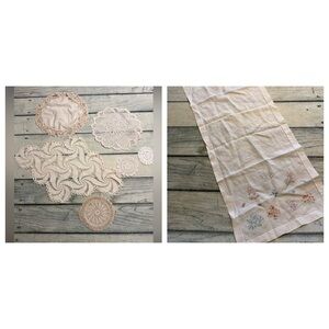 6 doilies and 1 embroidered runner some older some newer. Cream and white color.